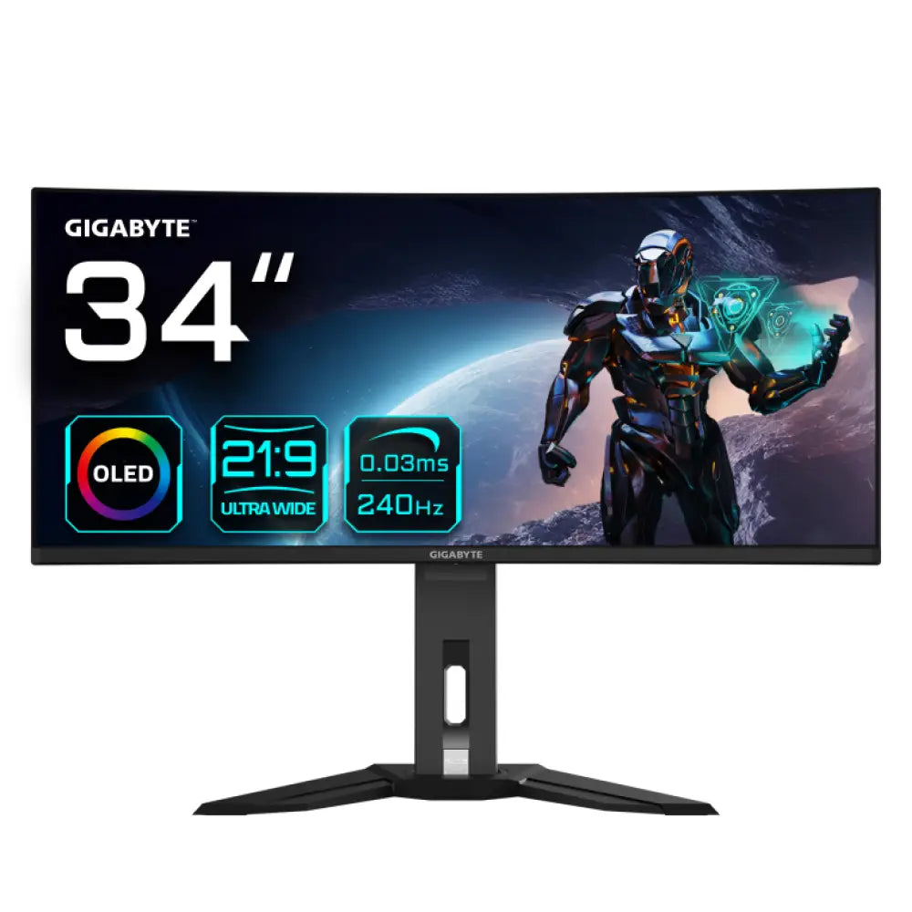 GIGABYTE Monitor de juegos curvo OLED WQHD MO34WQC2 de 34" - 3440 x 1440. 240Hz. 0.03ms. KVM. 250 cd/m². FreeSync Premium Pro. DisplayHDR True Black 400. HDMI 2.1. Displayport 1.4 - detalle