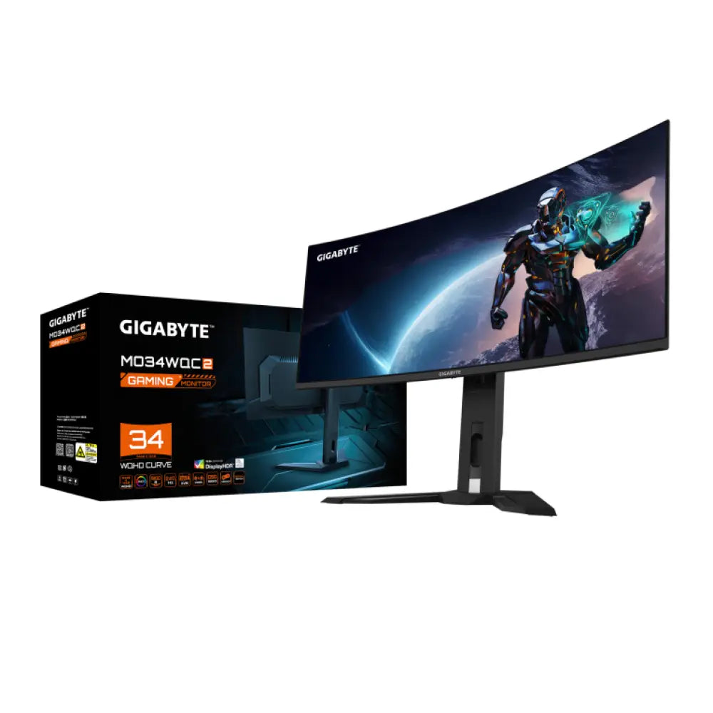 GIGABYTE Monitor de juegos curvo OLED WQHD MO34WQC2 de 34" - 3440 x 1440. 240Hz. 0.03ms. KVM. 250 cd/m². FreeSync Premium Pro. DisplayHDR True Black 400. HDMI 2.1. Displayport 1.4 - detalle