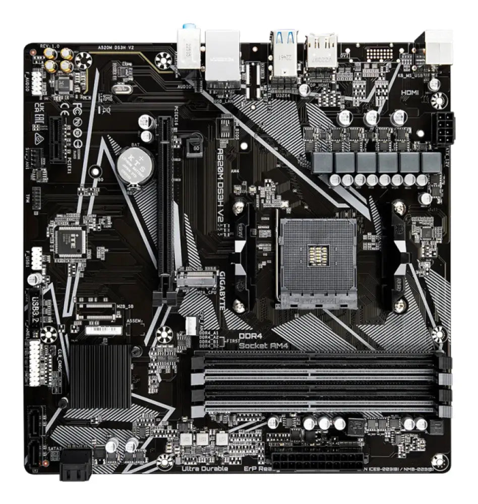 GIGABYTE Placa base A520M DS3H V2 - Soporta CPUs AMD Ryzen serie 5000 AM4. hasta 4733 MHz DDR4 (OC). PCIe 3.0 x16. LAN GbE. USB 3.2 Gen 1 - detalle