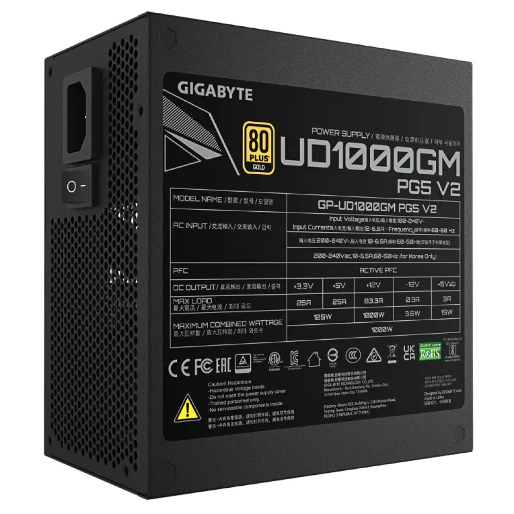 GIGABYTE UD1000GM PG5 V2 Fuente de Alimentación - PCIe Gen 5.1. 80 PLUS Gold. Diseño completamente modular. Ventilador de 120 mm. Compatible con ATX 3.1. Enchufe EU - detalle