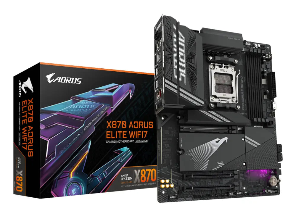 GIGABYTE X870 AORUS ELITE WIFI7 Placa Base - Compatible con CPUs AMD Ryzen 9000. 16+2+2 fases VRM. hasta 8000MHz DDR5 (OC). 3xPCIe 5.0 + 1xPCIe 4.0. Wi-Fi 7. LAN 2.5GbE. USB 4 - detalle