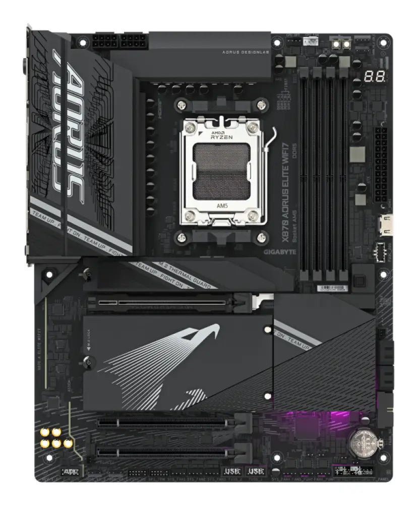 GIGABYTE X870 AORUS ELITE WIFI7 Placa Base - Compatible con CPUs AMD Ryzen 9000. 16+2+2 fases VRM. hasta 8000MHz DDR5 (OC). 3xPCIe 5.0 + 1xPCIe 4.0. Wi-Fi 7. LAN 2.5GbE. USB 4 - detalle