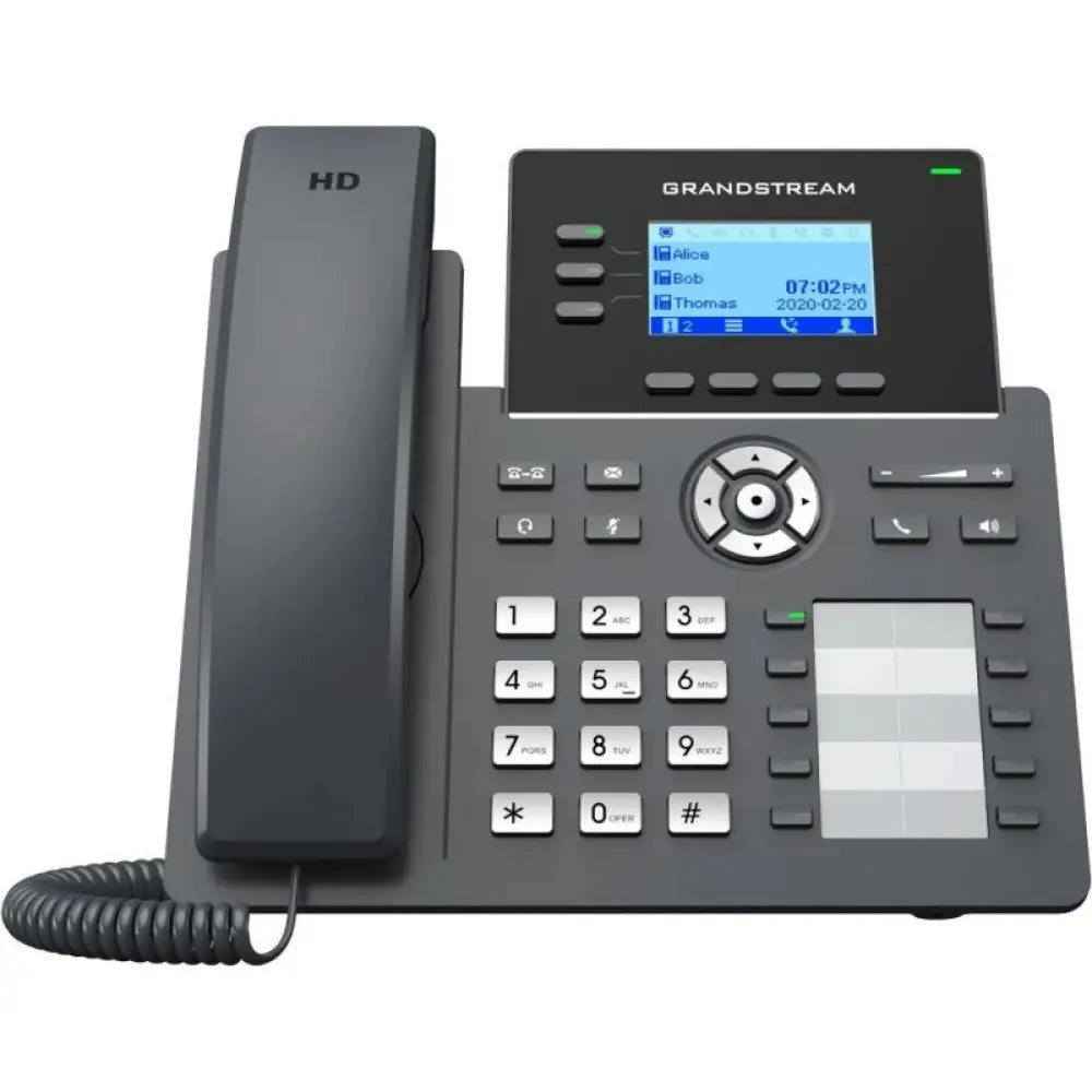 Teléfono IP GRANDSTREAM GRP2604P con 3 líneas, PoE y audio HD, en color negro con pantalla y botones de marcación.