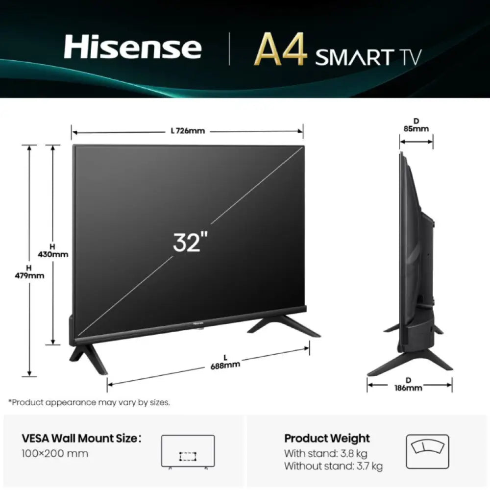 Televisor LED Hisense 32A4Q de 81.3 cm (32") HD Smart TV en color negro con conectividad WiFi.
