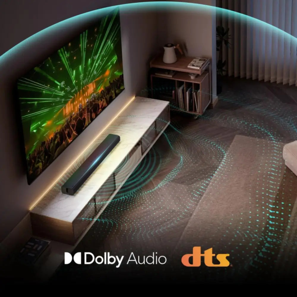 Barra de sonido HISENSE HS1000 negra con 2.0 canales y 120 W, vista frontal con controles y diseño compacto