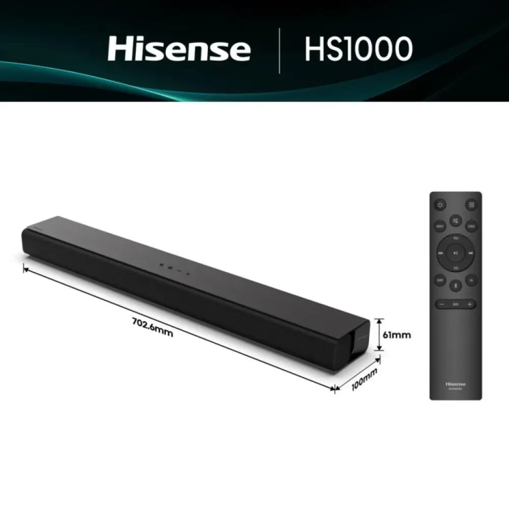 Barras de sonido HISENSE HS1000 negra con 2.0 canales y potencia de 120 W, diseñada para mejorar el audio de tu televisor.