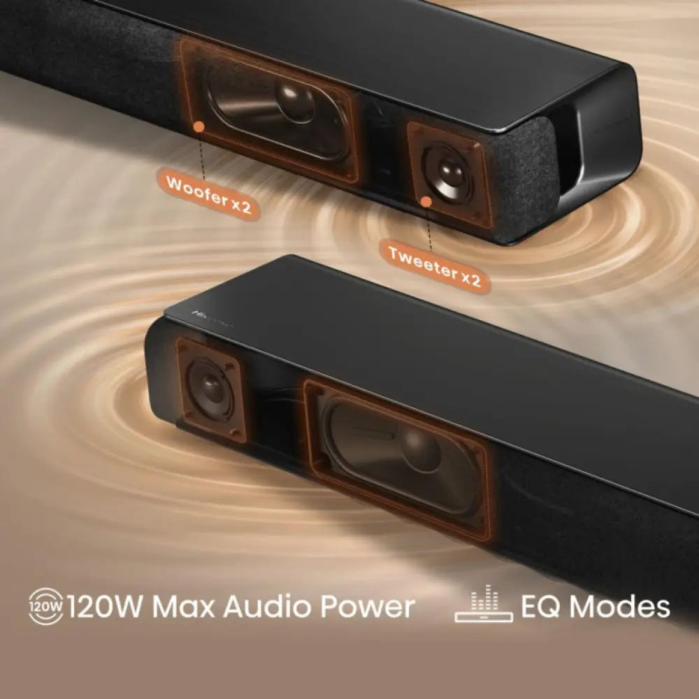 Barras de sonido HISENSE HS1000 negra, 2.0 canales, 120 W, mostrando la barra y sus controles frontales.