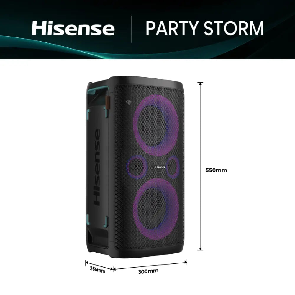 Altavoz portátil Hisense Party Storm para fiestas en color negro con potencia de 300 W, con controles y luces integradas