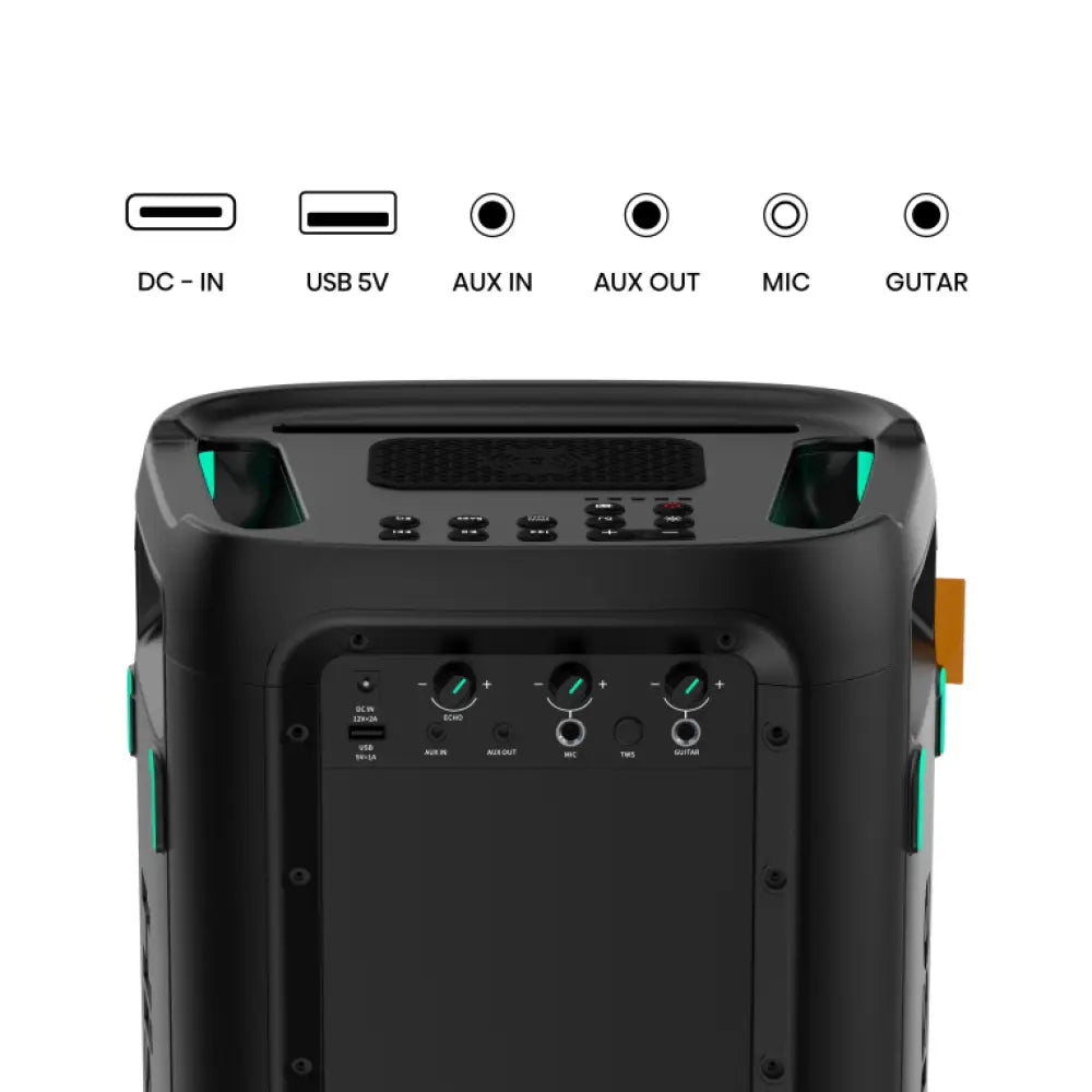 Altavoz portátil Hisense Party Storm en color negro con potencia de 300 W, diseñado para fiestas y eventos musicales.