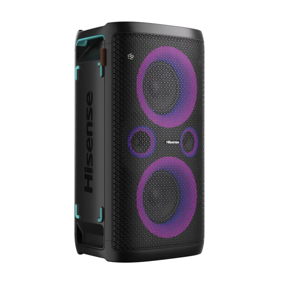 Altavoz portátil Hisense Party Storm en color negro con 300W de potencia, ideal para fiestas y eventos.