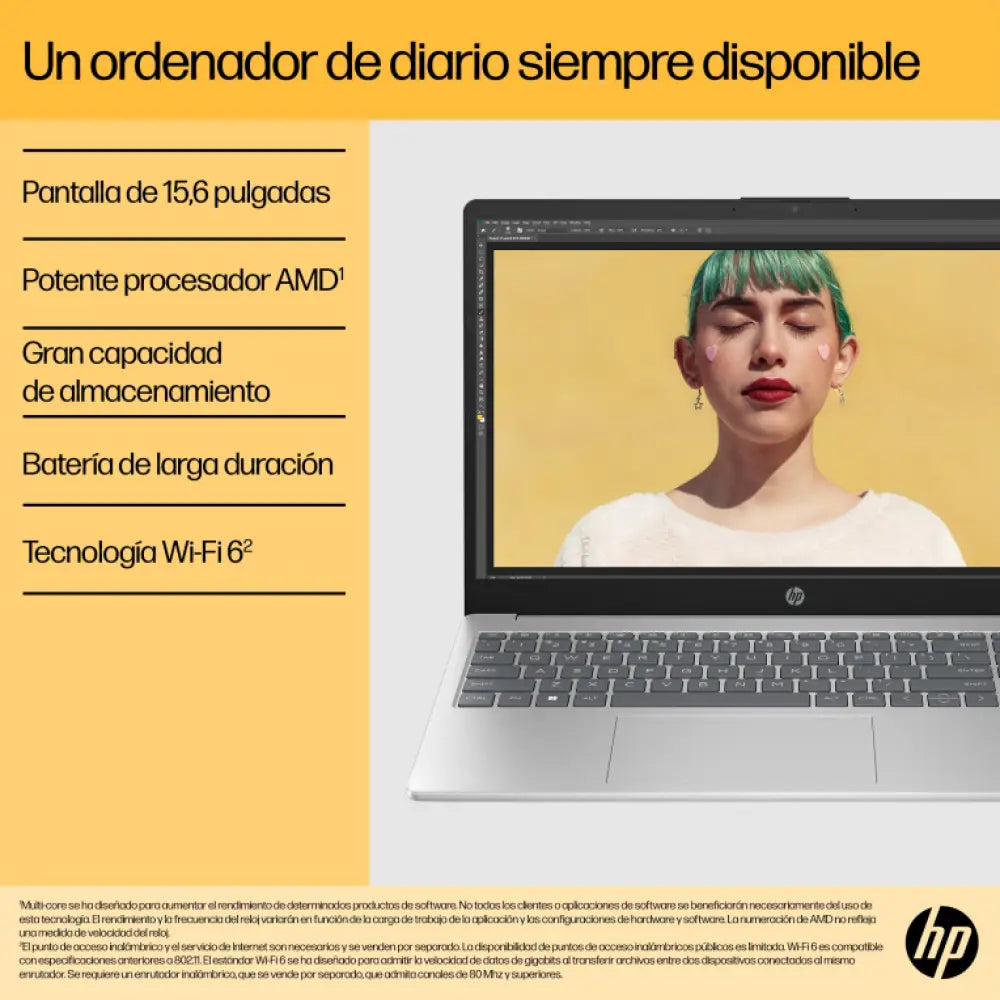 Portátil HP 15-fc0129ns con pantalla Full HD de 15,6", procesador AMD Ryzen 7, 8 GB RAM, 512 GB SSD y Wi-Fi 6 en color plata.