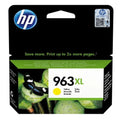 Cartucho de tinta original HP 963XL amarillo, muestra el empaque y el cartucho listo para imprimir en impresoras HP