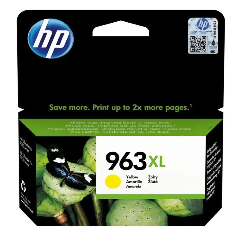 Cartucho de tinta original HP 963XL amarillo, muestra el empaque y el cartucho listo para imprimir en impresoras HP