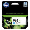 Cartucho de tinta original HP 963XL en color cian, muestra el cartucho con etiqueta y diseño en color azul.