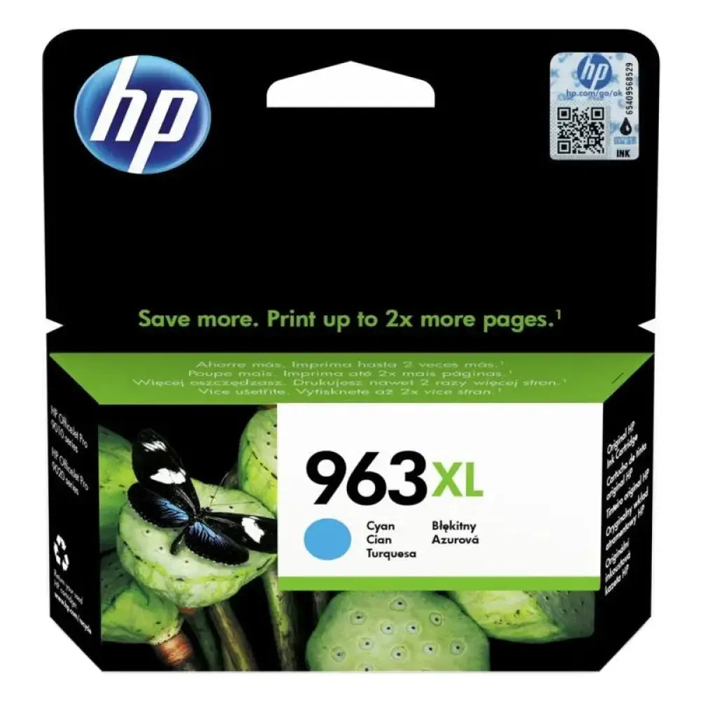 Cartucho de tinta original HP 963XL en color cian, muestra el cartucho con etiqueta y diseño en color azul.