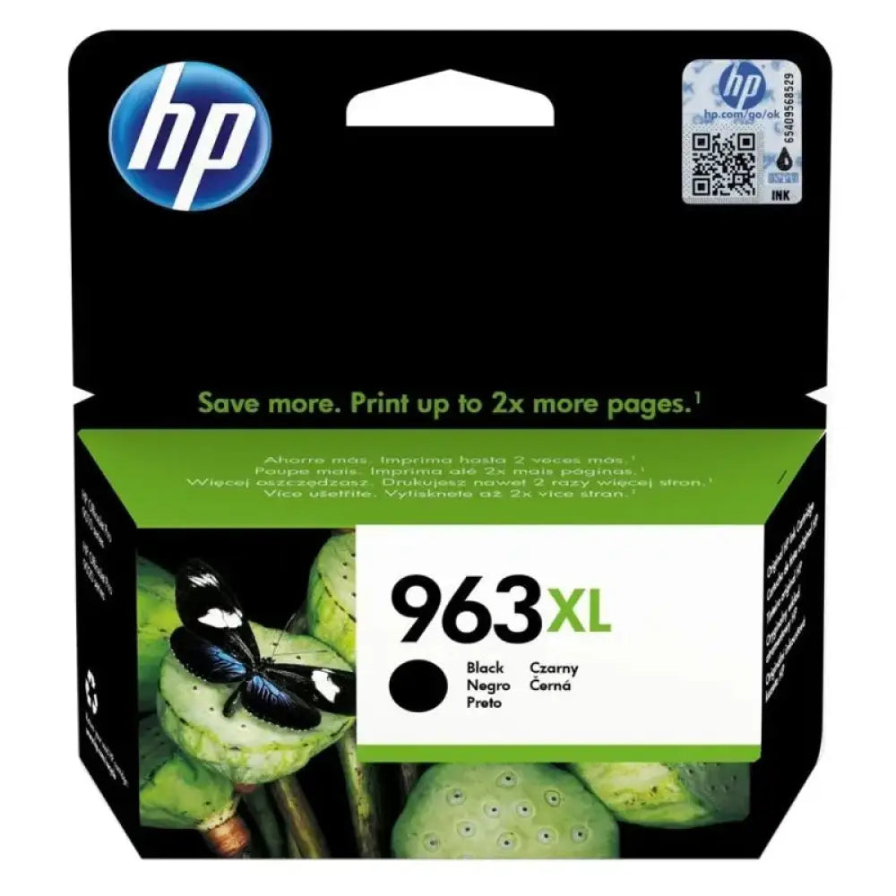 Cartucho de tinta original HP 963XL negro para impresora, muestra el cartucho y su etiquetado en la imagen.