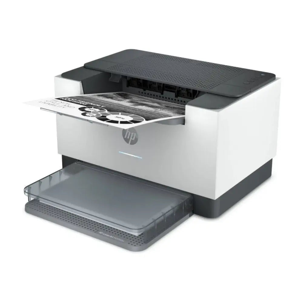 Impresora láser HP LaserJet M209dw en color blanco con conectividad WiFi, vista frontal en oficina moderna