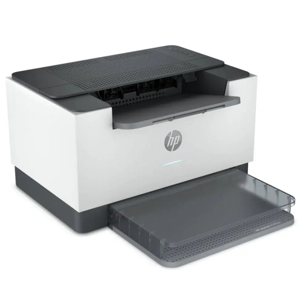 Impresora láser HP LaserJet M209dw en color blanco con conexión wifi, vista frontal con bandeja de papel abierta