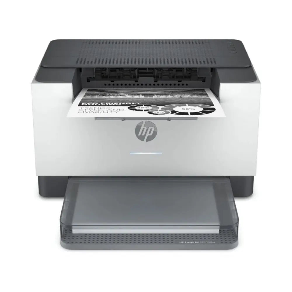 Impresora láser HP LaserJet M209dw en color blanco con conexión Wi-Fi, vista frontal con bandeja de papel.