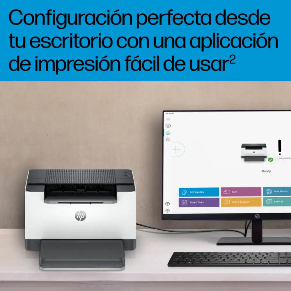 Impresora láser HP LaserJet M209d en color blanco y negro con capacidad de impresión a doble cara.