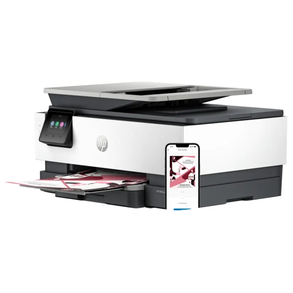 Impresora multifunción HP OfficeJet Pro 8122e inalámbrica en color, con bandeja de papel y pantalla táctil.
