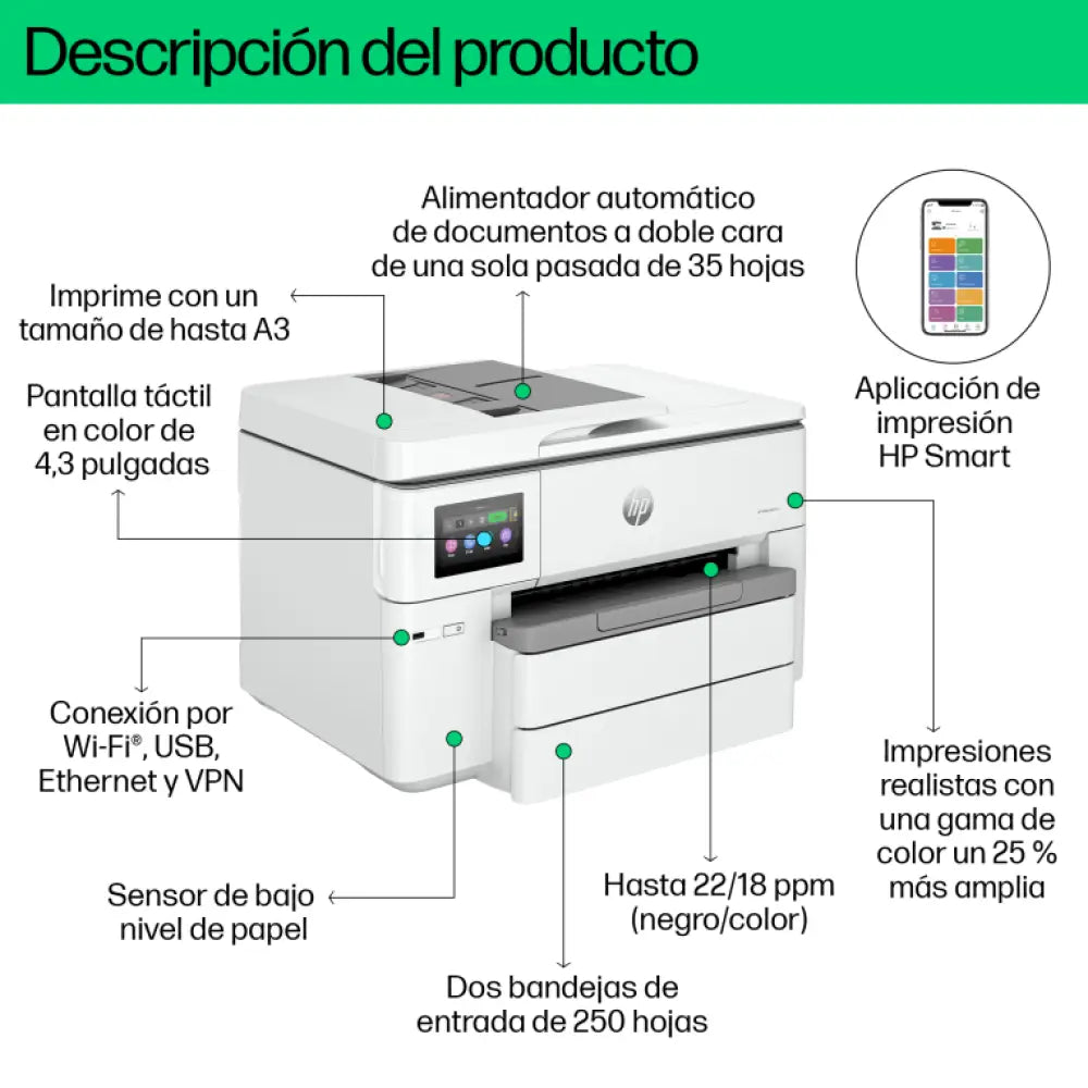 HP OfficeJet Pro 9730e Inalámbrico All-in-One Color Impresora. Servicio Instant Ink; Impresión a doble cara - detalle