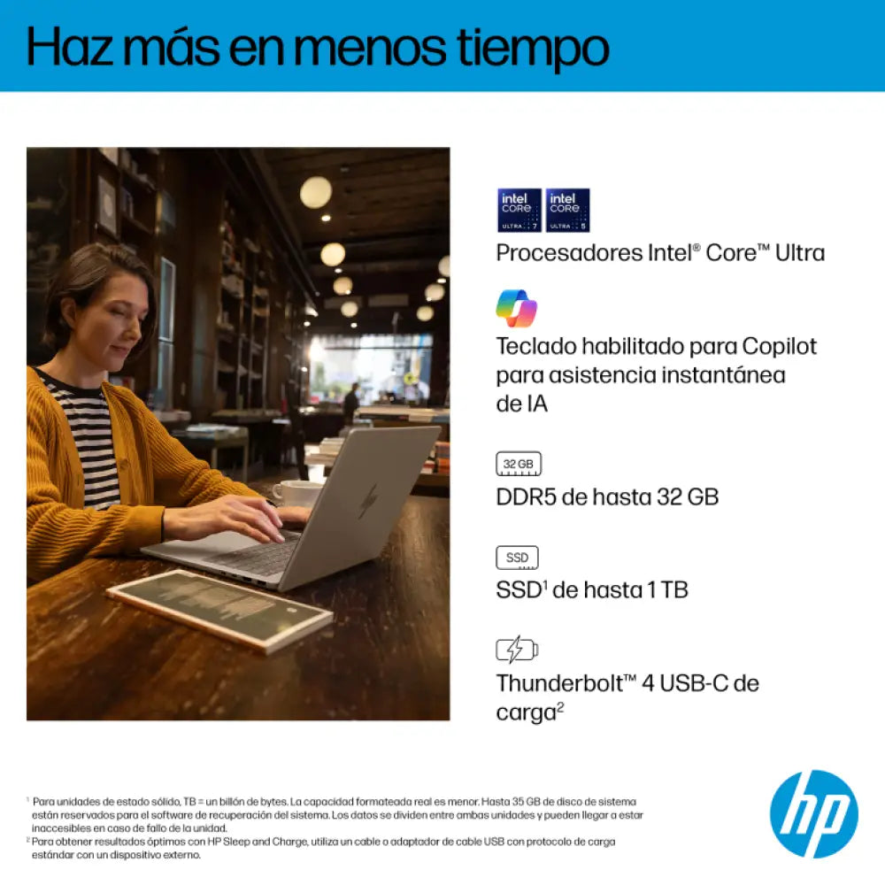 HP OmniBook 7 AI 14-fr0011ns Intel Core Ultra 5 225U Portátil 35.6 cm (14") 2K 16 GB LPDDR5-SDRAM 1 TB SSD Wi-Fi 7 (802.11be) Windows 11 Home AI PC Plata - detalle
