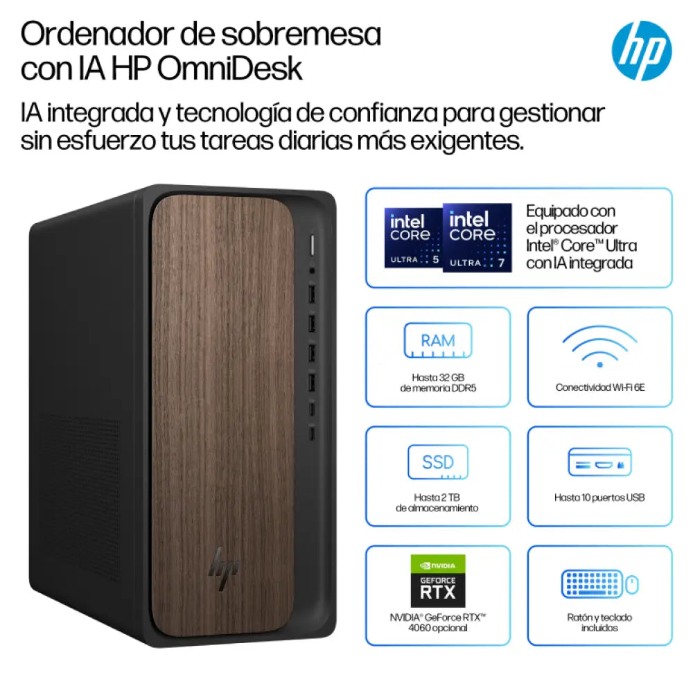 HP OmniDesk AI M03-0016ns PC Intel Core Ultra 5 225 16 GB DDR5-SDRAM 1 TB SSD Windows 11 Home Torre AI PC Madera - detalle