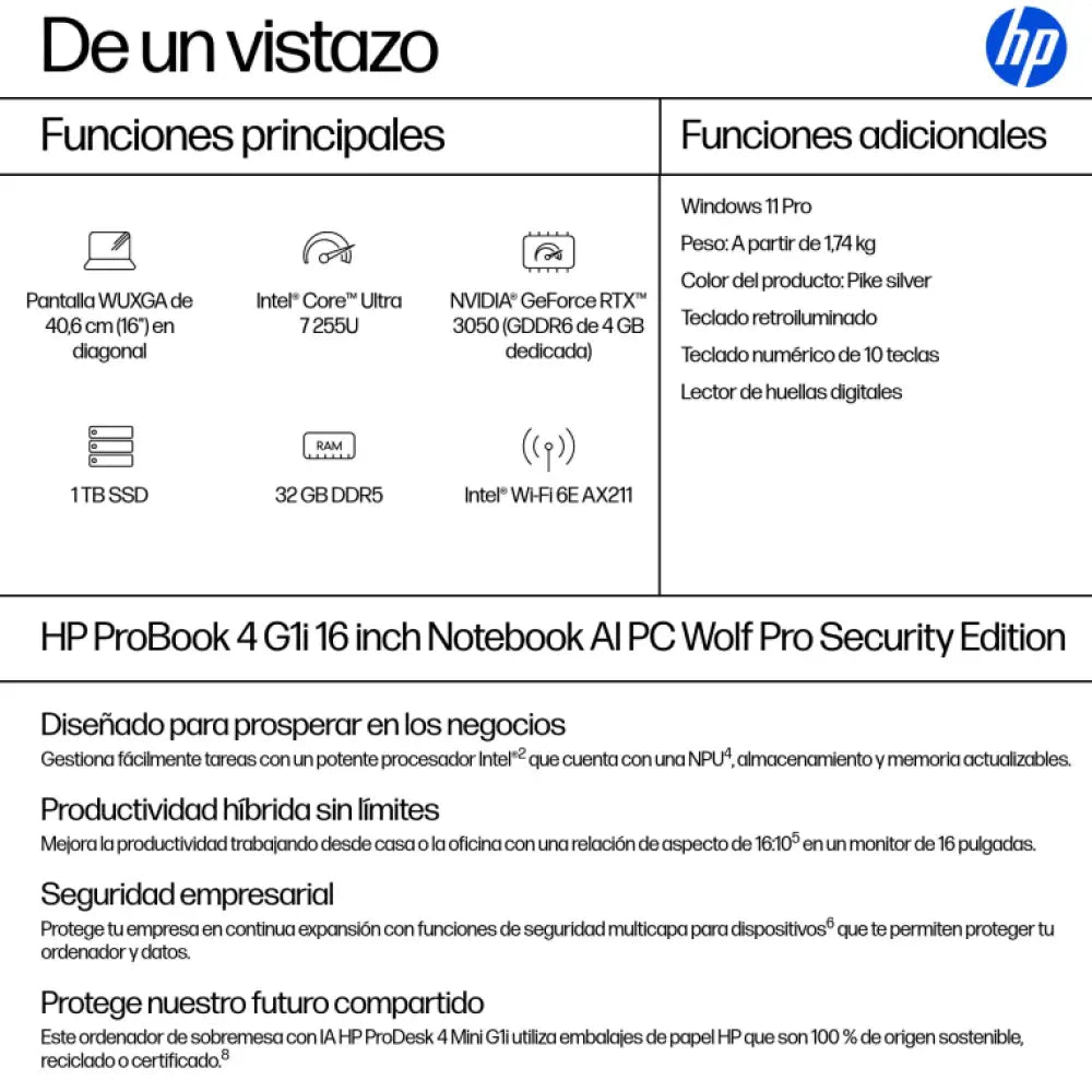 HP ProBook 4 G1i AI Wolf Pro Security Edition Intel Core Ultra 7 255U Portátil 40.6 cm (16") WUXGA 32 GB DDR5-SDRAM 1 TB SSD Wi-Fi 6E (802.11ax) Windows 11 Pro AI PC Plata - detalle
