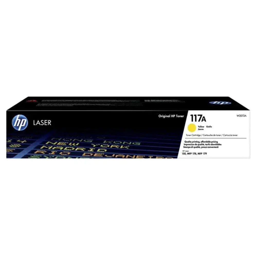 Tóner láser HP 117A Amarillo, cartucho de tinta para impresora láser, muestra el cartucho de color amarillo de la marca HP.