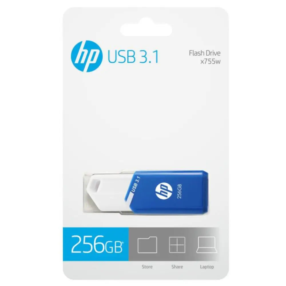 Unidad flash USB HP x755w de 256 GB en color azul y blanco, con conector USB Tipo A 3.2 Gen 1.