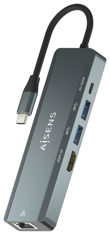 HUB AISENS 5 EN 1 USB-C A 1XHDMI 1XRJ45 2XUSB 1XPD 15CM