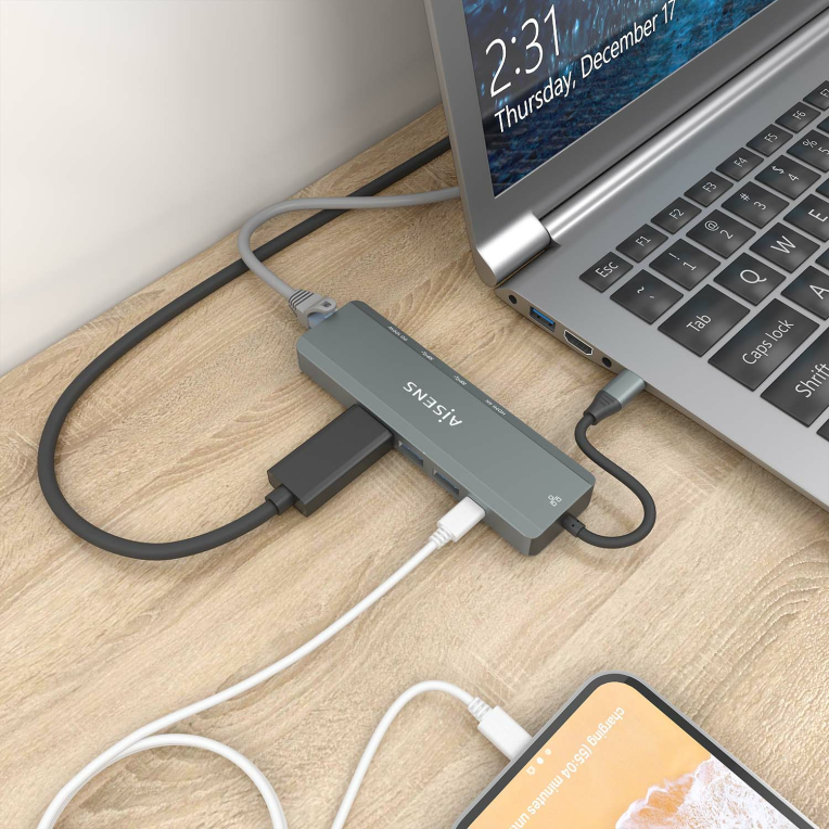 HUB AISENS 5 EN 1 USB-C A 1XHDMI 1XRJ45 2XUSB 1XPD 15CM - detalle