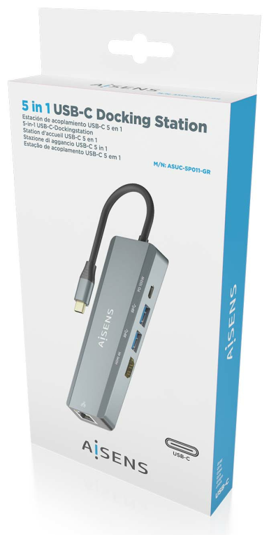 HUB AISENS 5 EN 1 USB-C A 1XHDMI 1XRJ45 2XUSB 1XPD 15CM - detalle