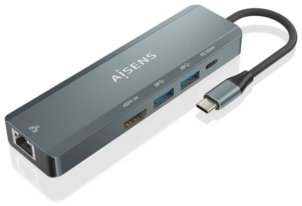HUB AISENS 5 EN 1 USB-C A 1XHDMI 1XRJ45 2XUSB 1XPD 15CM - detalle