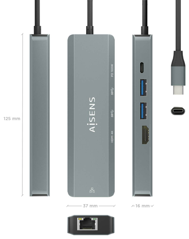 HUB AISENS 5 EN 1 USB-C A 1XHDMI 1XRJ45 2XUSB 1XPD 15CM - detalle