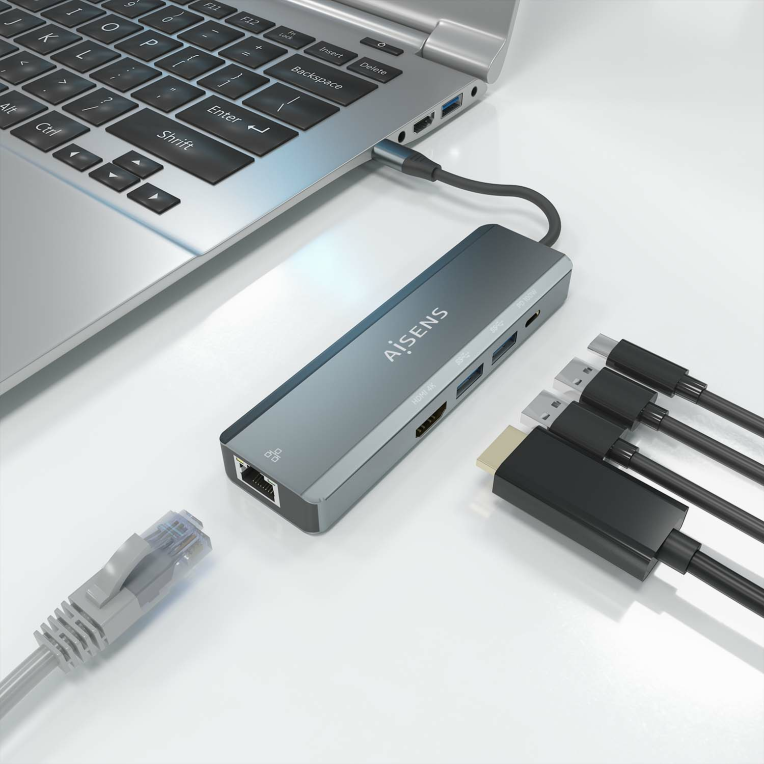 HUB AISENS 5 EN 1 USB-C A 1XHDMI 1XRJ45 2XUSB 1XPD 15CM - detalle