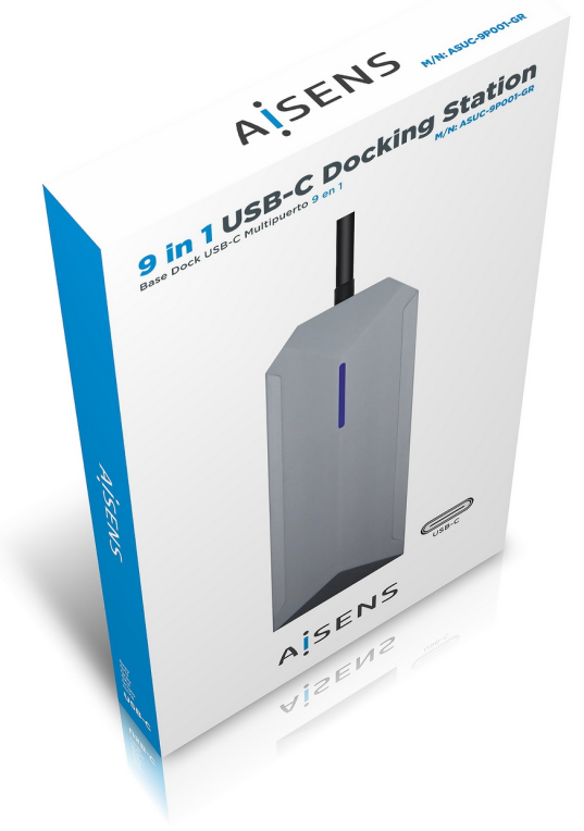 HUB AISENS 9 EN 1 USB-C DOCK HDMI RJ45 3xUSB PD AUDIO SD MICRO SD GRIS 15CM - detalle