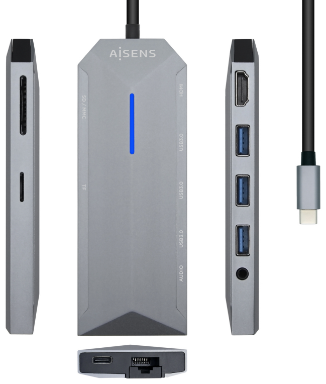 HUB AISENS 9 EN 1 USB-C DOCK HDMI RJ45 3xUSB PD AUDIO SD MICRO SD GRIS 15CM