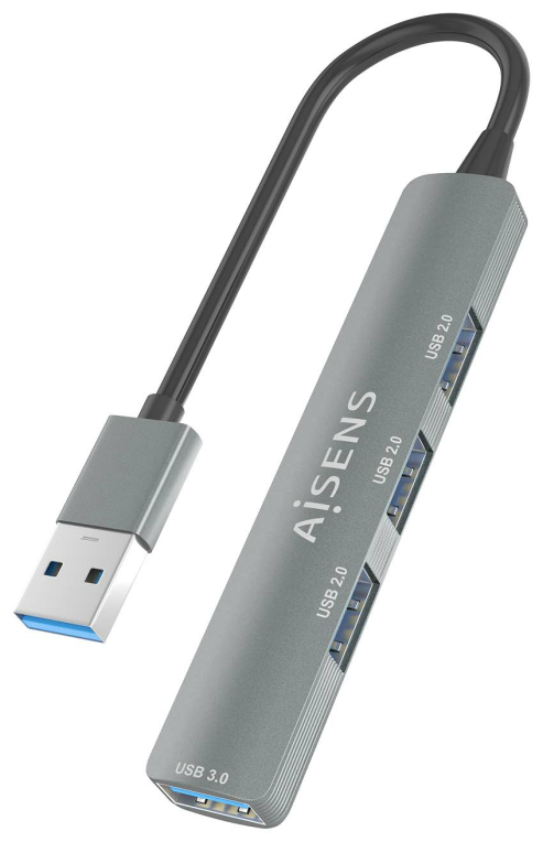 HUB AISENS USB 3.0 ALUMINIO 1XUSB3.0 A/H 3XUSB2.0 A/H GRIS 10CM - detalle