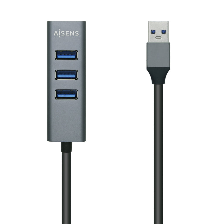 AISENS Hub USB3.0 Alumini. Tipus A/M - 4x Tipus A/H. Negre. 10 cm