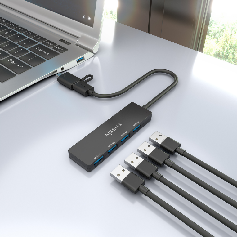 HUB AISENS USB 3.1 GEN1 USB-C/M Y USB-A/M-4XTIPO A/H NEGRO 15CM - detalle