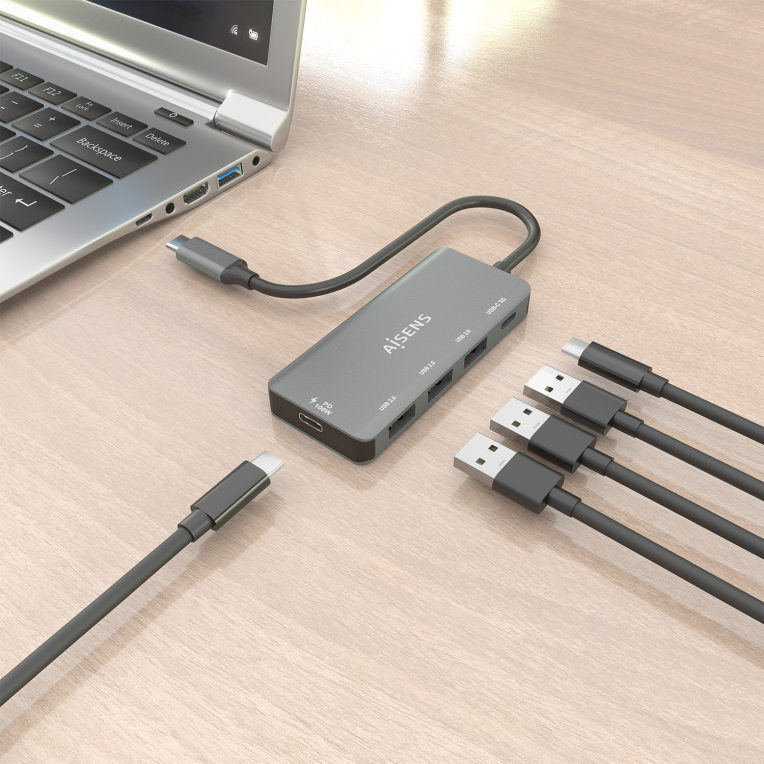 HUB AISENS USB 3.1 USB-C 1XPD 100W 1XUSB-C 3.0 3XUSB-A 2.0 GRIS 15CM - detalle