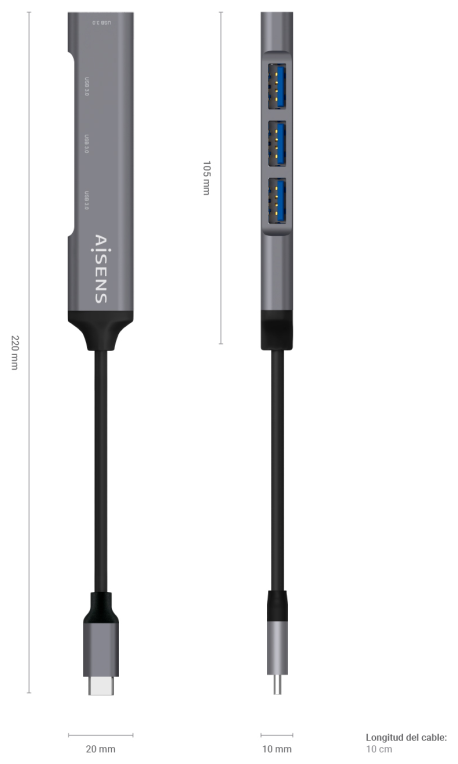 HUB AISENS USB 3.1 USB-C USB-C/M-4XTIPO A/H GRIS 10CM - detalle