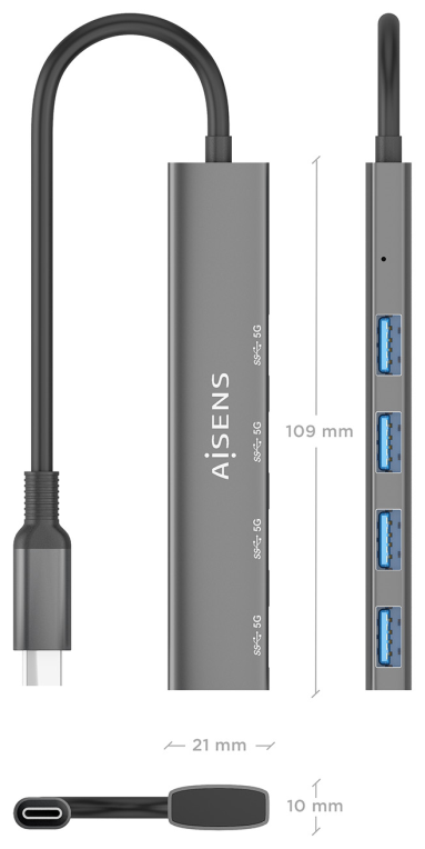 HUB AISENS USB 3.1 USB-C USB-C/M-4XTIPO A/H GRIS 15CM - detalle