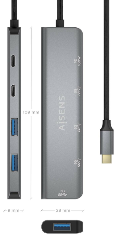 HUB AISENS USB 3.2 GEN1 USB-C/M-USB-C PD100W/H-USB-C/H-3XUSB-A/H - detalle