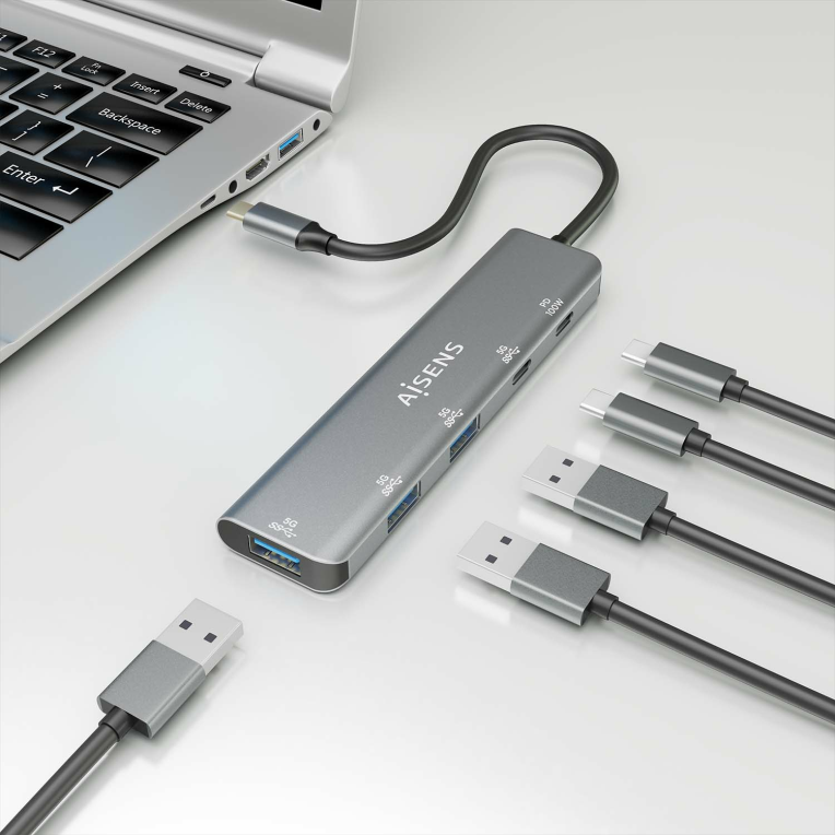 HUB AISENS USB 3.2 GEN1 USB-C/M-USB-C PD100W/H-USB-C/H-3XUSB-A/H - detalle