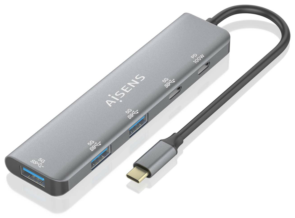 HUB AISENS USB 3.2 GEN1 USB-C/M-USB-C PD100W/H-USB-C/H-3XUSB-A/H - detalle