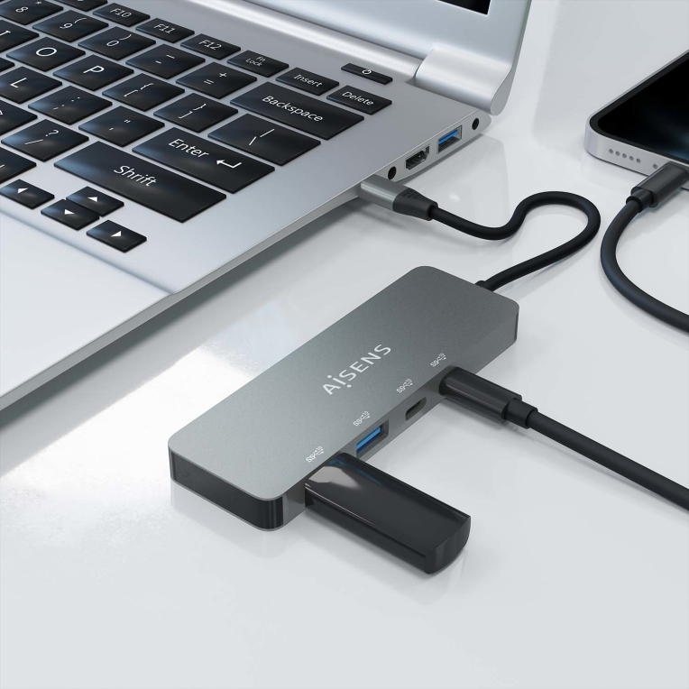 HUB AISENS USB 3.2 GEN2 10G USB-C/M-2XUSB-C/H-2XUSB-A/H 15CM GRIS - detalle