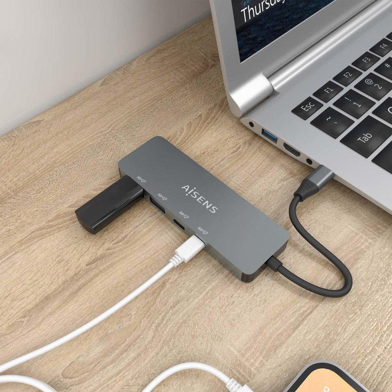 HUB AISENS USB 3.2 GEN2 10G USB-C/M-2XUSB-C/H-2XUSB-A/H 15CM GRIS - detalle